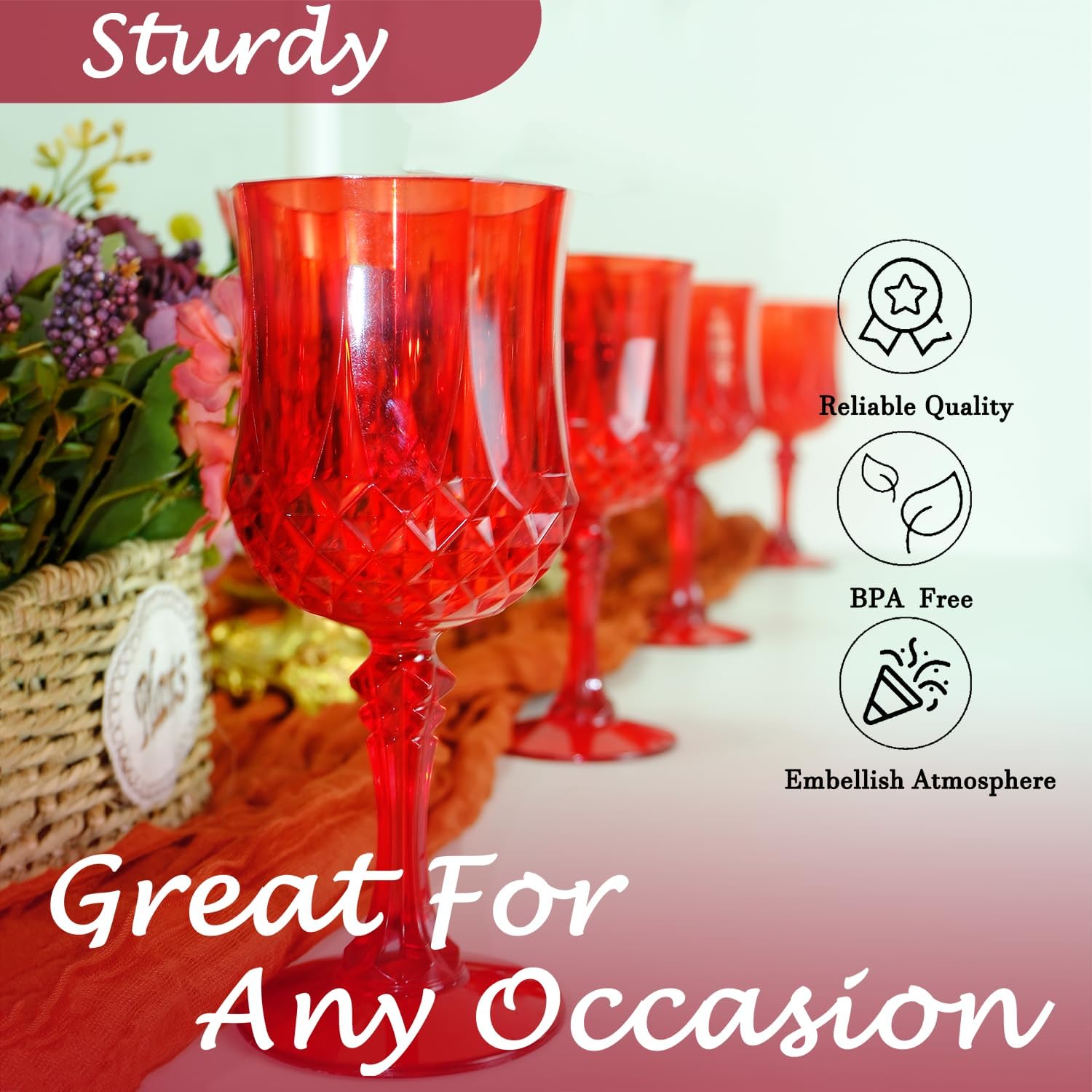 Plastic Wine Glasses, Plastic Goblets Vintage Style Cordial Drinking Glasses for Valentine’s Day, Wedding Reception, Grand Event Party Supplies (24, Red) - Image 6