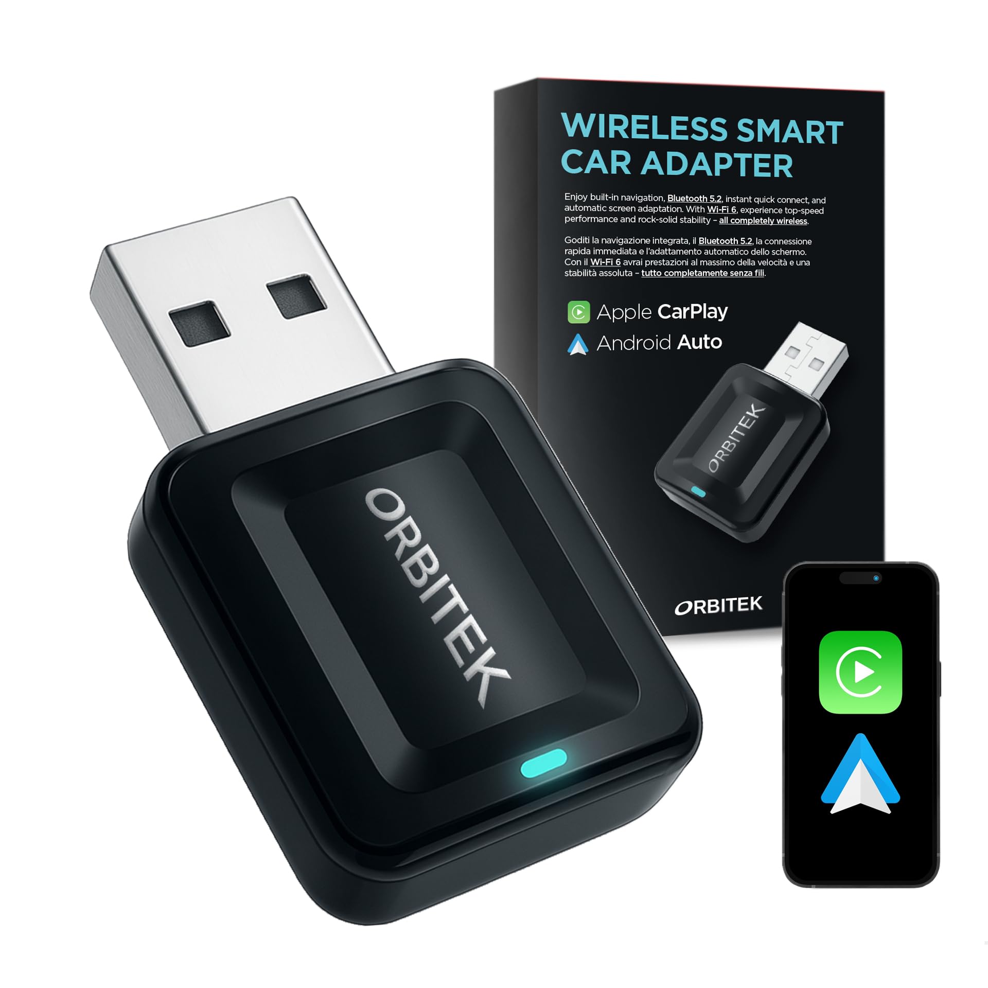 Adaptateur CarPlay Sans Fil Orbitek 2025-2026 - Compatible 800+ Voitures, IOS/Android, Connexion Bluetooth/Wi-Fi Stable