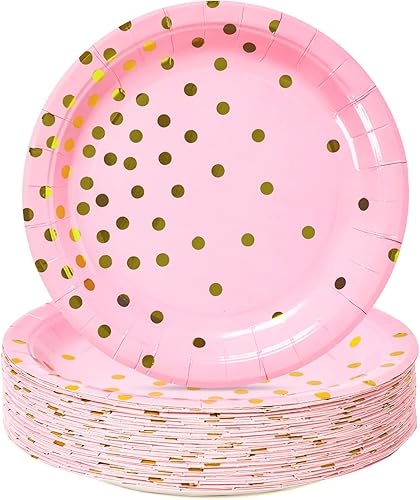 CENLBJ Pink Gold Paper Plates 100PCS,Pink and Gold Dots Dessert Plates,Disposable Round Party Supplies Perfect for Baby