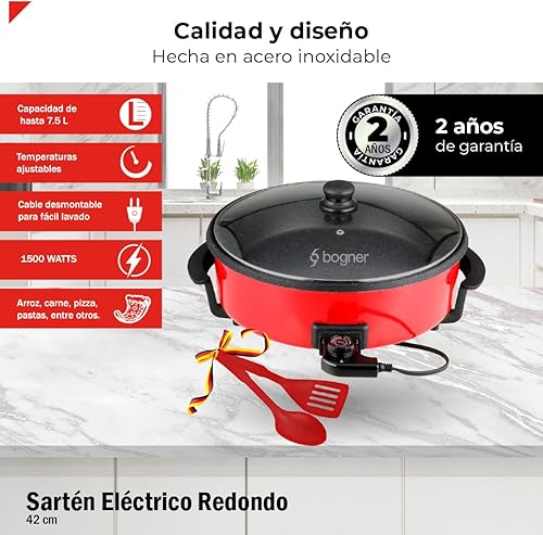 Miniatura 4 de BOGNER Electric Round Frying Pan with Non-Stick Coating and Glass Lid Large Size 42cm Diameter 7.5L Capacity Easy to Clean and Use Features