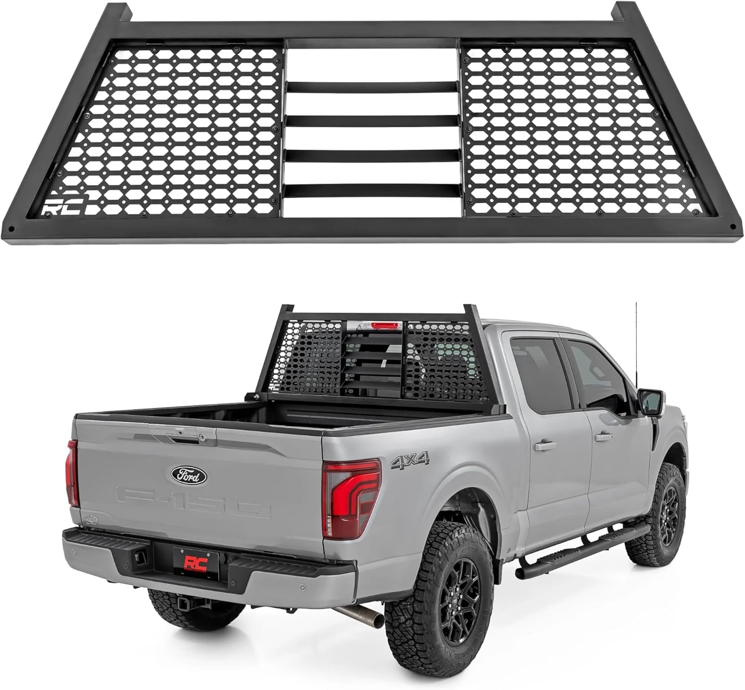 Rough Country Headache Rack for Ford F-150 2WD/4WD (2015–2026) – 2x3 Steel Cab Guard w/Dual Molle Panels, No-Drill Install