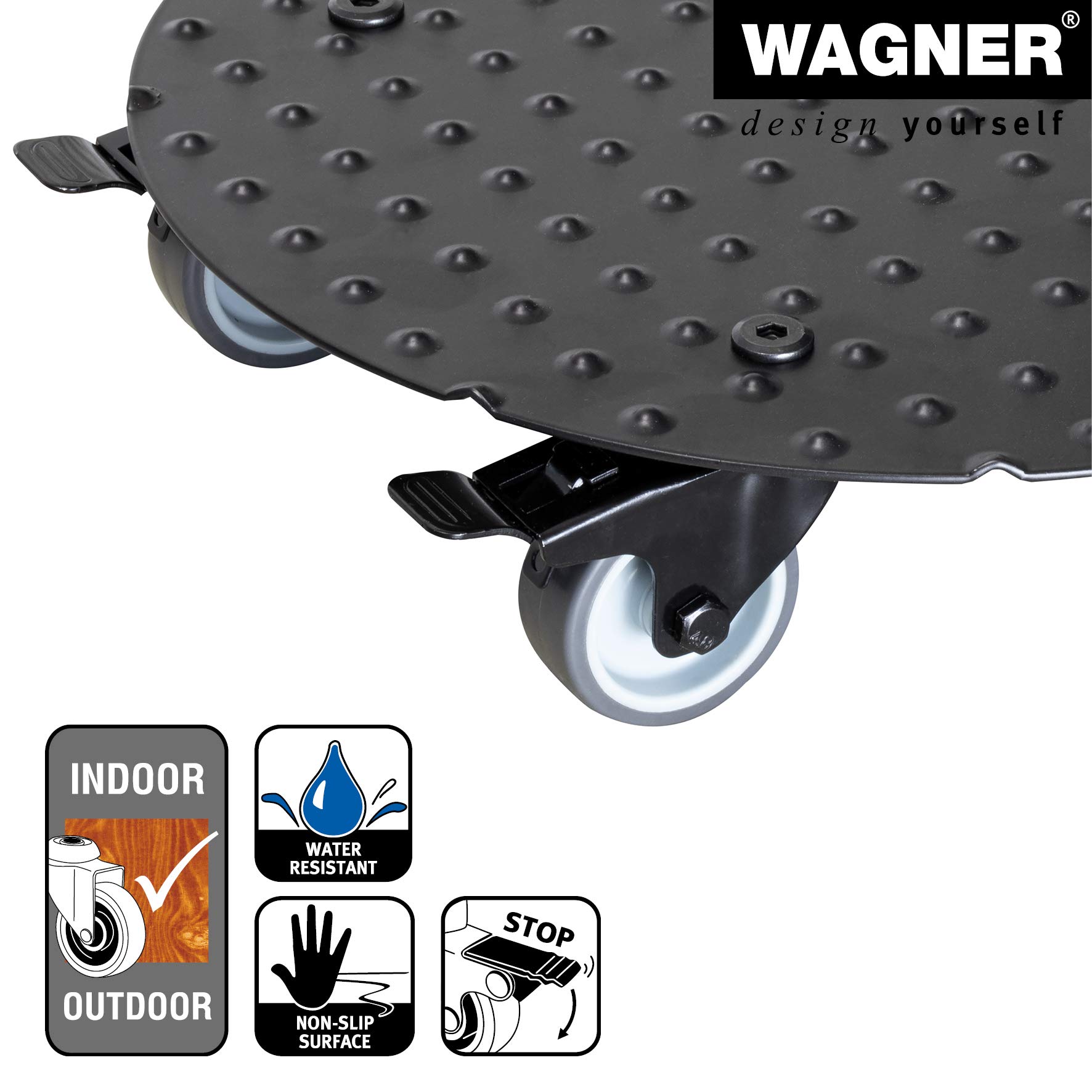 Wagner Wałek do roślin Alaska Black Ø 30 x 7,5 cm, wałek do kwiatów do użytku na zewnątrz i wewnątrz, z aluminium, czarny, 2 całkowite stojaki, nośność 150 kg, wyprodukowano w DE - 20700701