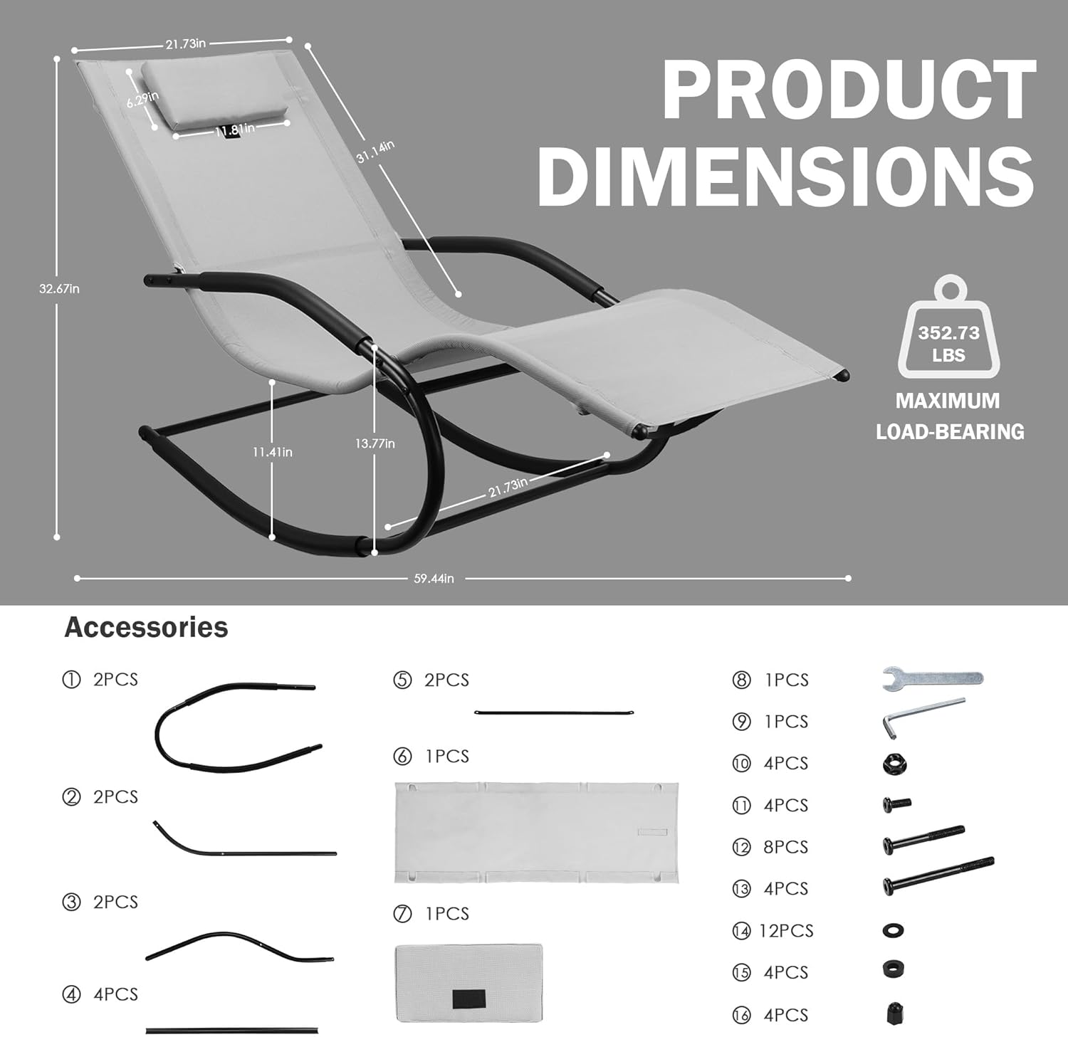 Zero Gravity Rocking Chair Lightweight Lounge Chair Recliner with Detachable Pillow for Patio, Lawn, Pool, Outdoor Home Furniture, Grey