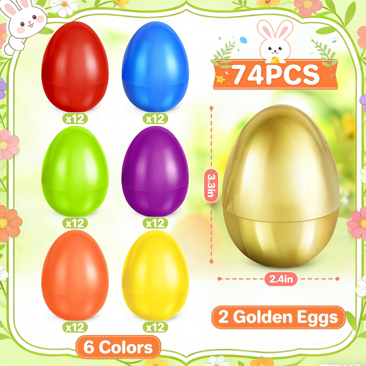 Letapapa 3.5'' Easter Eggs, 72 Pcs Empty Colorful Eggs Plus 2 Golden Eggs for Kids, Large Fillable Plastic Egg for Easter Hunt, Filling Treats for Easter Basket Stuffers, Party Favors Decoration