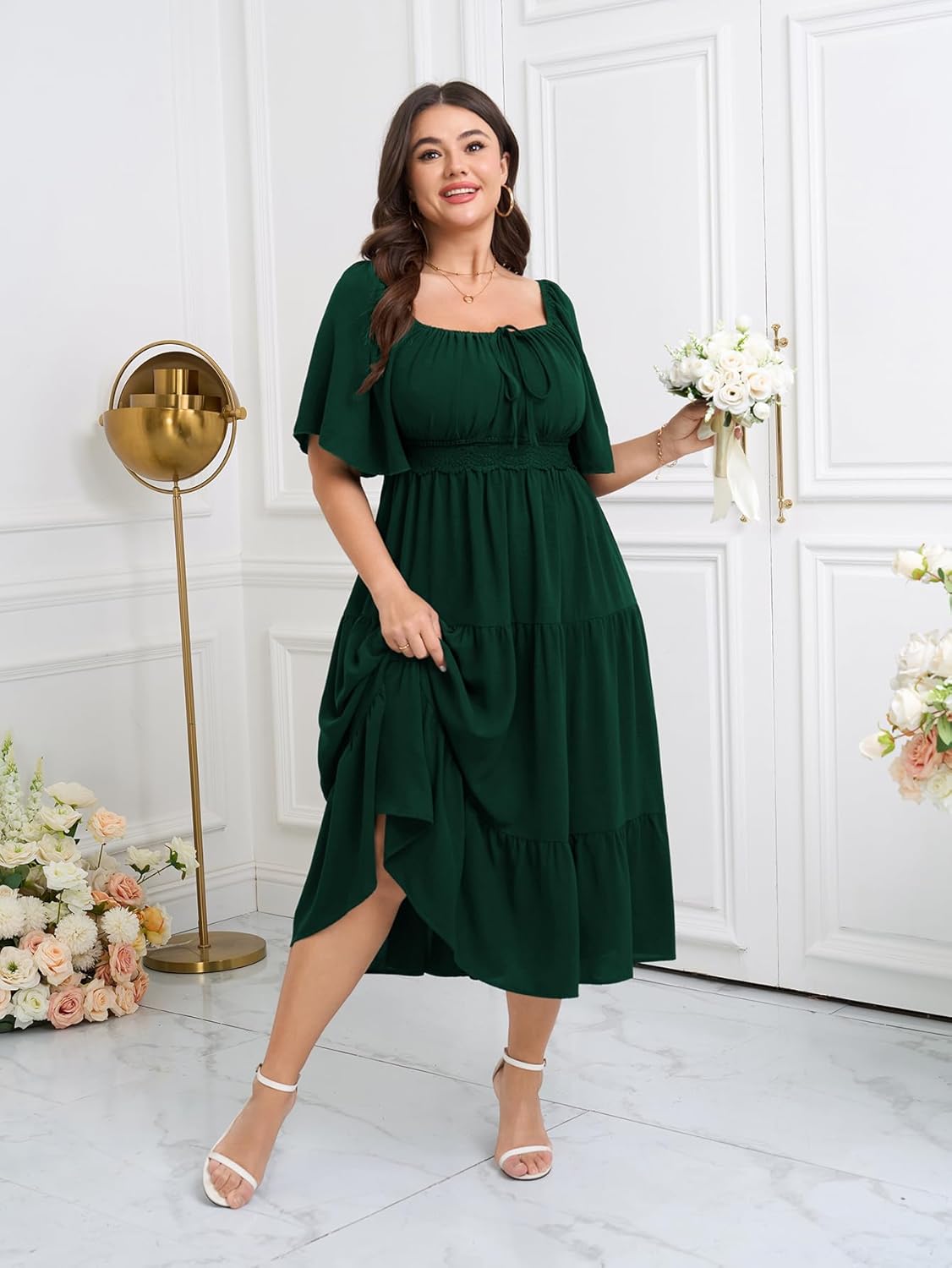 SCOMCHIC Women's Plus Size Summer Dresses Square Neck Short Sleeve A Line Wedding Guest Cocktail Boho Flowy Maxi Dress - Image 4