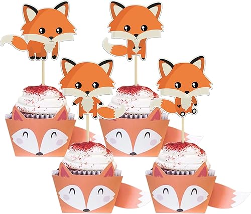 Paquete de 36 adornos para cupcakes de zorro, animales del bosque, para decoración de mesa de fiesta de cumpleaños, baby shower, temática de