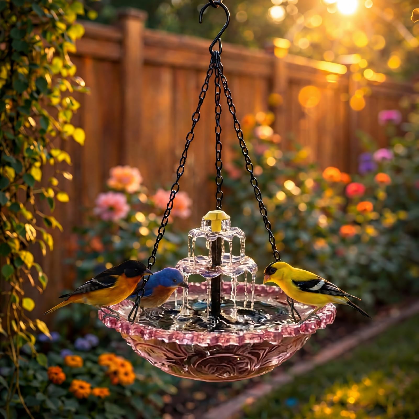Solar Cascade Hanging Bird Bath Fountain - Solar Powered Birdbath With Water Pump | Outdoor Water Feature For Garden, Attracts Wild Birds, Hummingbirds, With Glass Basin