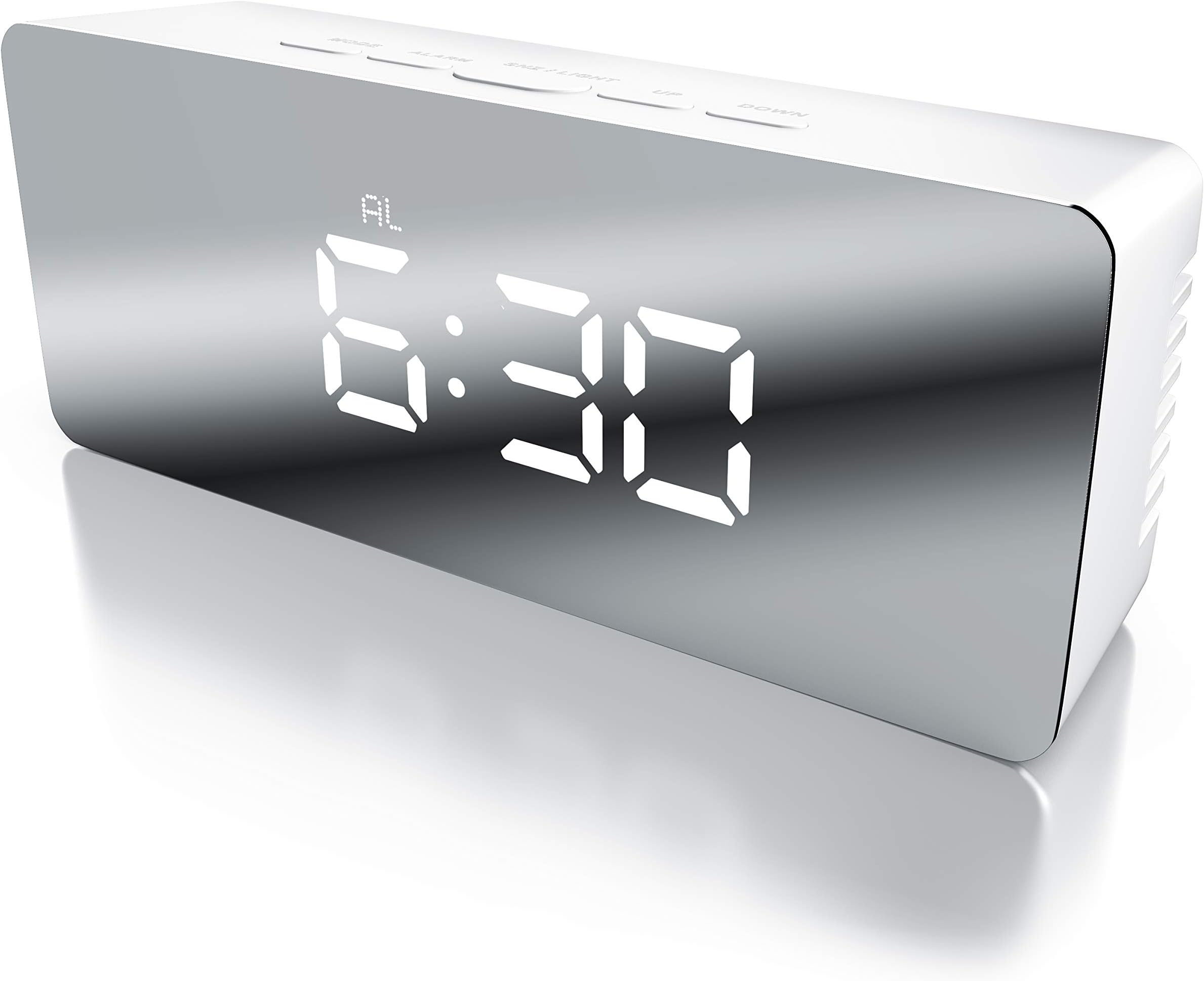 Bearware - LED Digital Mirror Alarm Clock with Temperature Display - Travel Alarm Clock - Table Alarm Clock - Luminous Digits - Alarm Clock - Battery Powered or USB - Snooze Function - Night Mode
