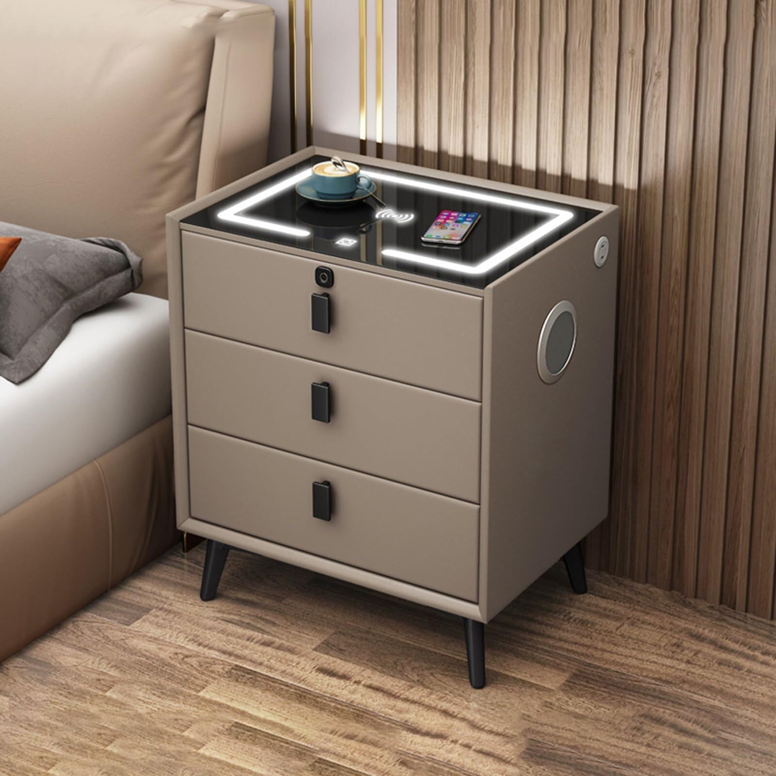 Armoire de rangement multifonction bois kaki avec chargeur USB