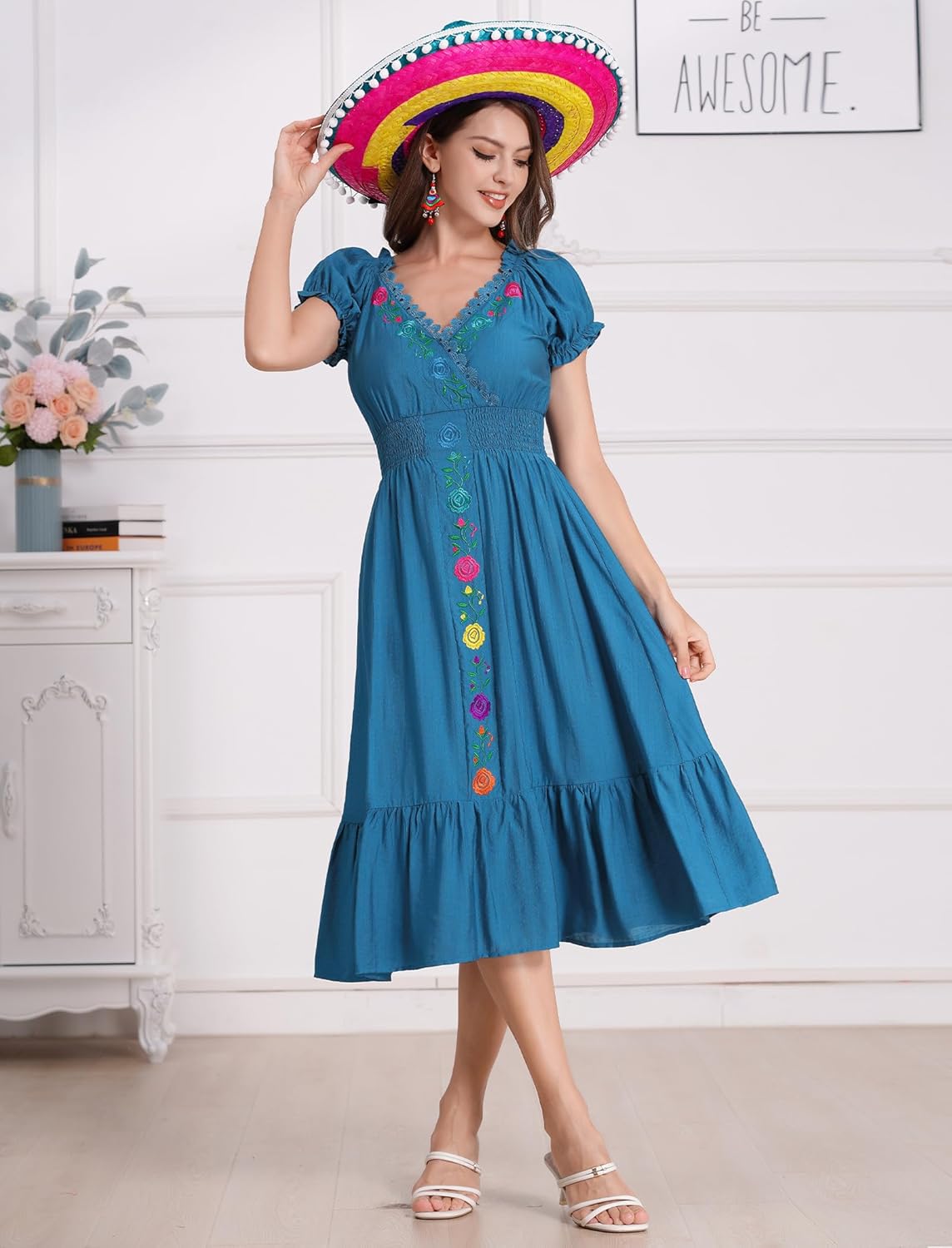 Mexican Dress for Women Floral Embroidered Dress Short Sleeve V Neck Traditional Ethnic Cinco De Mayo Fiesta Dress