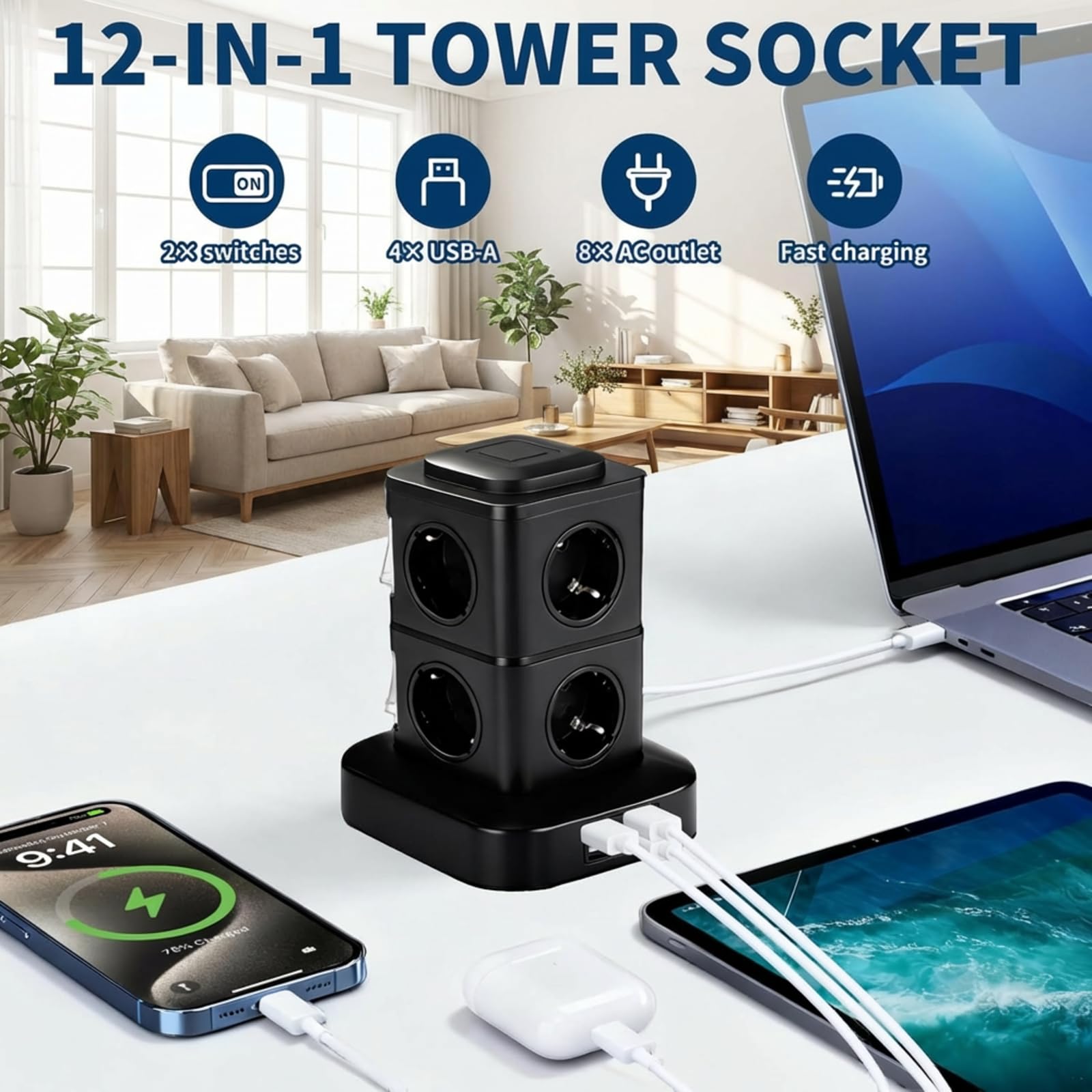 Torre Regleta Enchufes 8 Tomas AC y 4 USB Enchufe Multiple 2500W/10A Regleta Enchufes Protección contra Sobretensión Regreltas Vertical 3metro con Interruptor para Oficina y Hogar — view 2