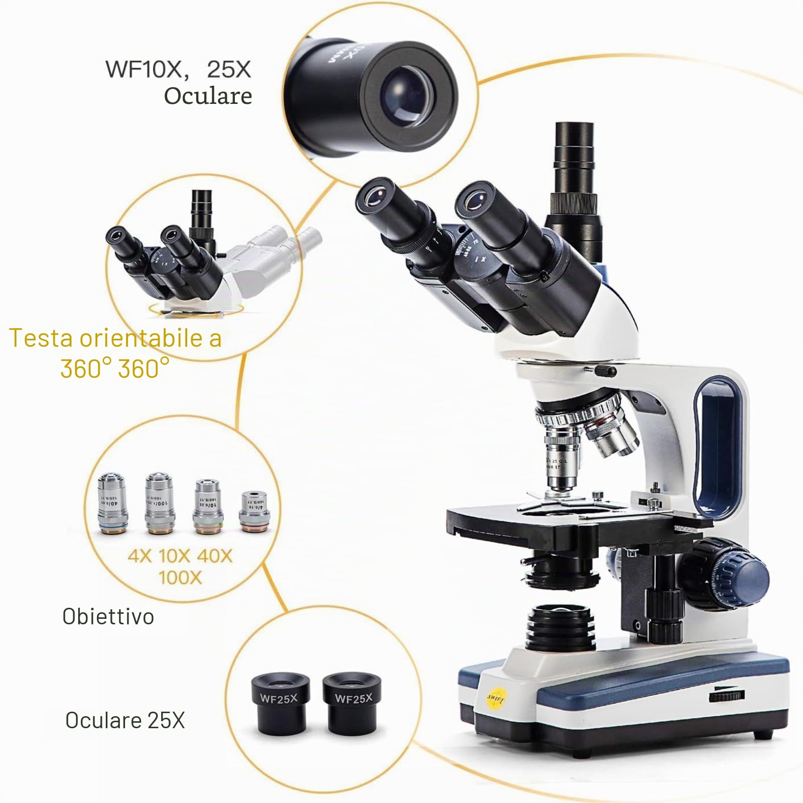 SWIFT Microscope composé trinoculaire SW350T, grossissement 40X-2500X, tête Siedentopf, niveau de recherche, scène mécanique à deux couches, appareil photo et logiciel 1,3 MP, compatible Windows et…