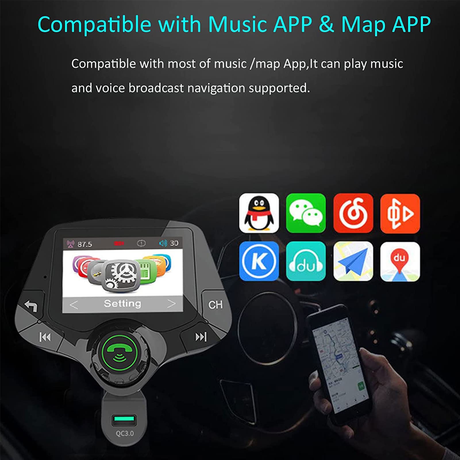 Kettles Transmisor de FM de Bluetooth para automóvil, Adaptador de transmisor de Radio de automóvil Bluetooth MP3 Music Player Manos Kit de Coche Libre QC 3.0 Adaptador de Cargador de automóvil
