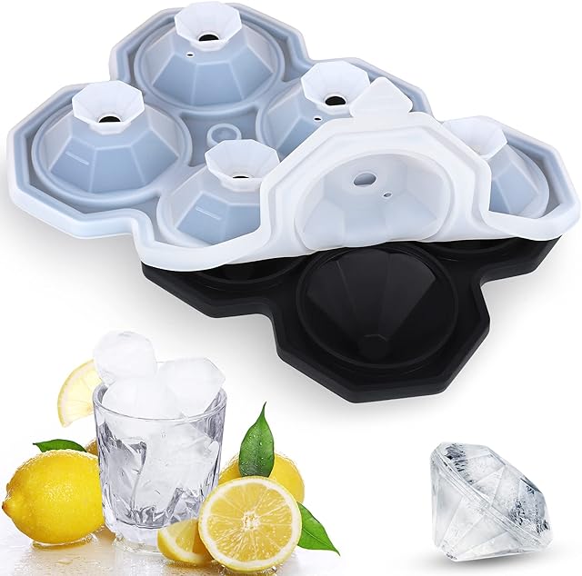 Mamowla Silicone Ice Cube Tray 6 Grids, Diamond Ice Cube Moulds with Lid, Reusable Ice Molds for Whiskey, Scotch, Cocktail, Jello and Pudding (Black)
