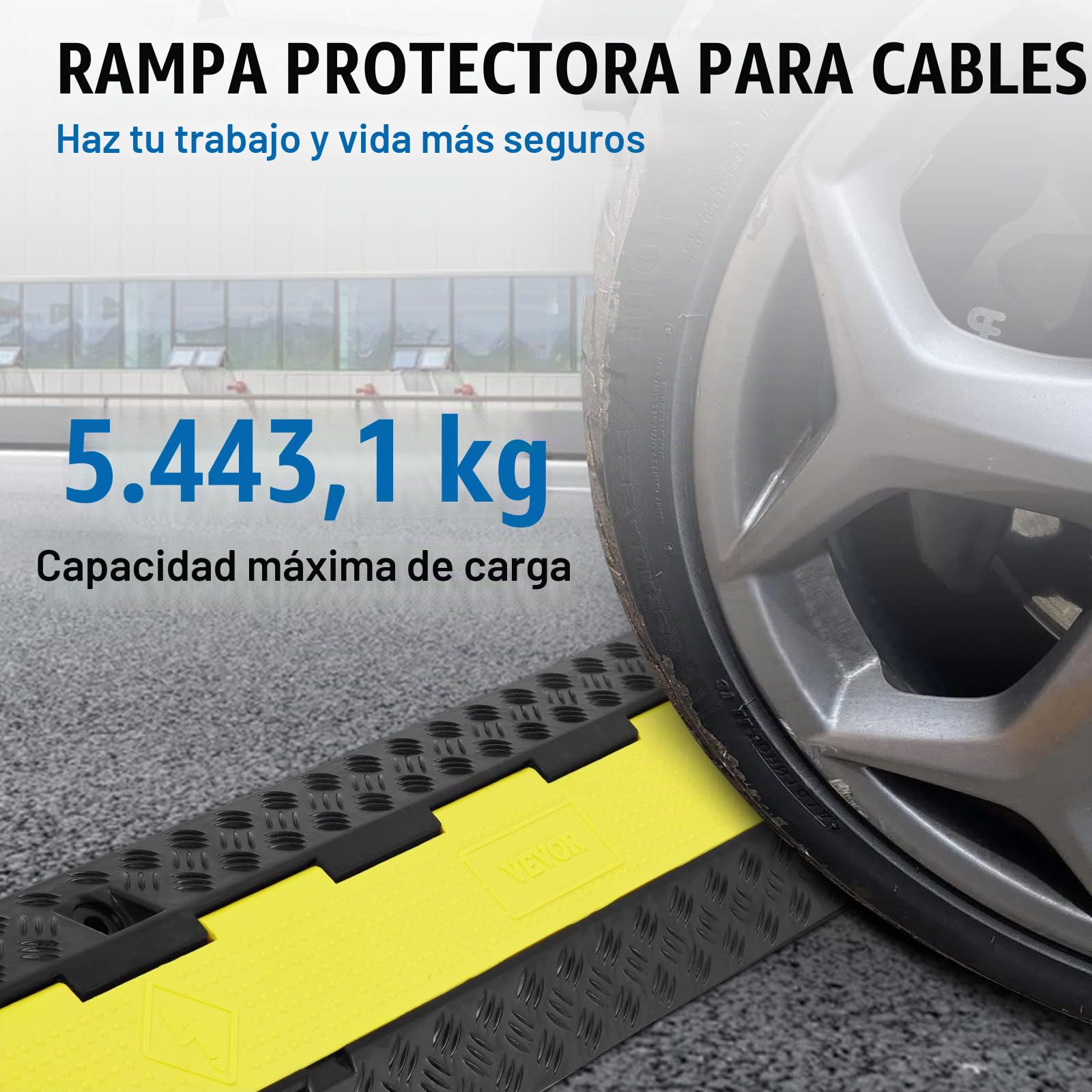VEVOR Rampa de Protección de Cable 5 Piezas 2 Vías Canaleta Pasacables de Suelo 3 x 3 cm Protector de Cables de Caucho y PVC Capacidad de Carga 5443 kg Cubiertas de Suelo para Cables Negro y Amarillo