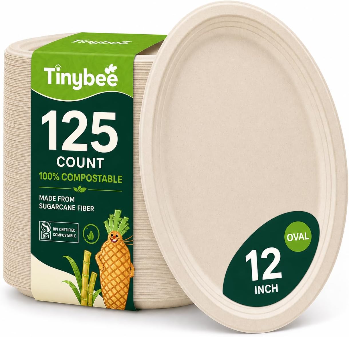 Tinybee 12 Inch Compostable Oval Plates, 125 Pack Heavy Duty Paper Plates