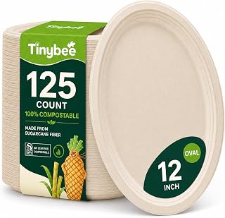 Tinybee 12 Inch Compostable Oval Plates, 125 Pack Heavy Duty Paper Plates