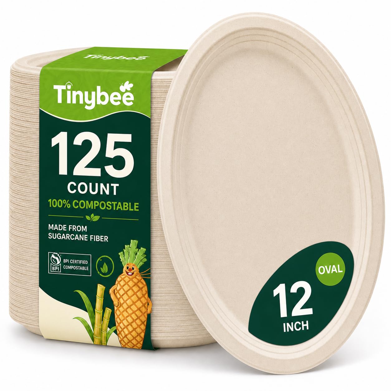 Photo 1 of Tinybee 12" Oval Compostable Bagasse Plates - 125 Pack