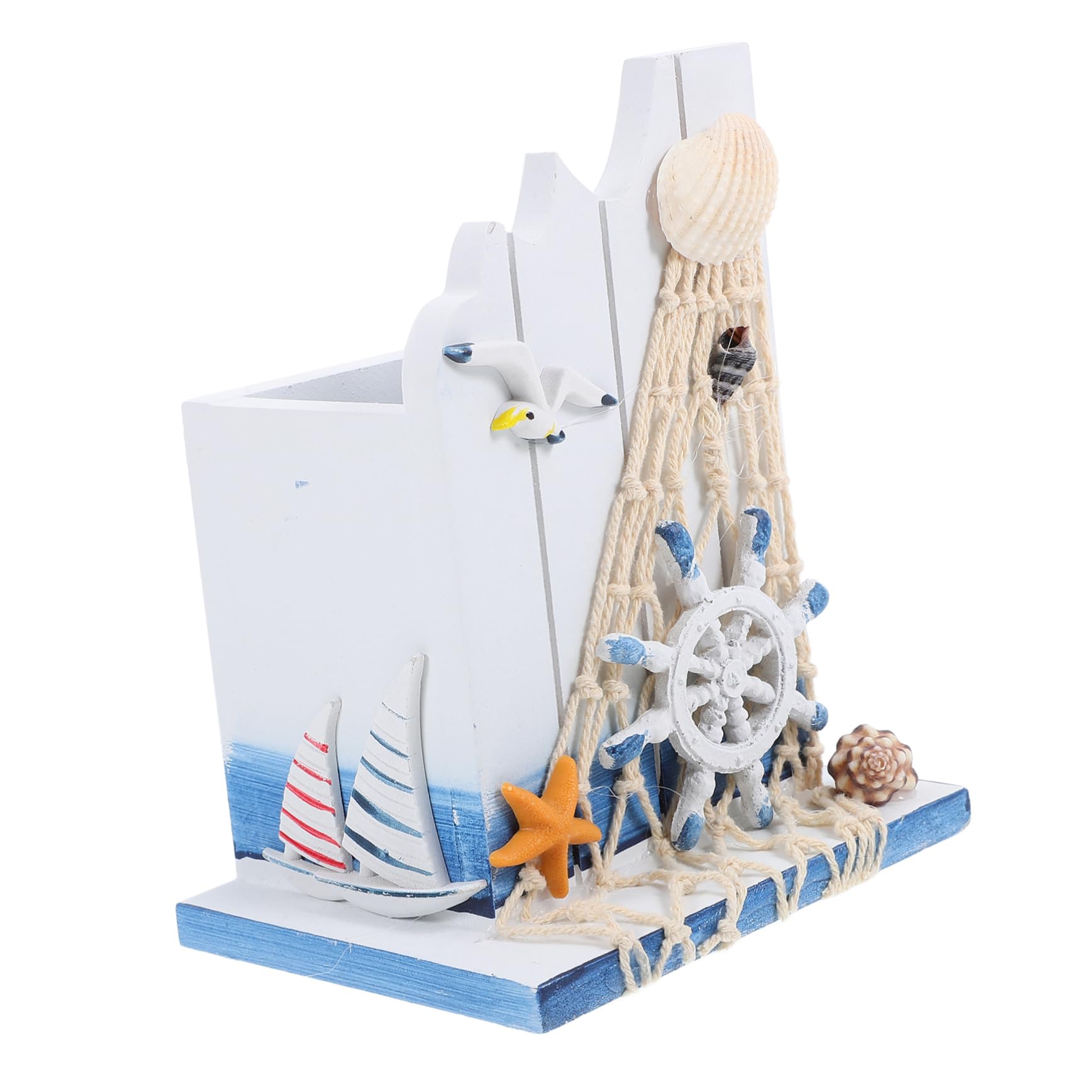 Uonlytech Wooden Pen Holder Nautical Desk Organizer Mediterranean Style Pen Container Multipurpose Desktop Stationery and Makeup Brush Storage for Home Office