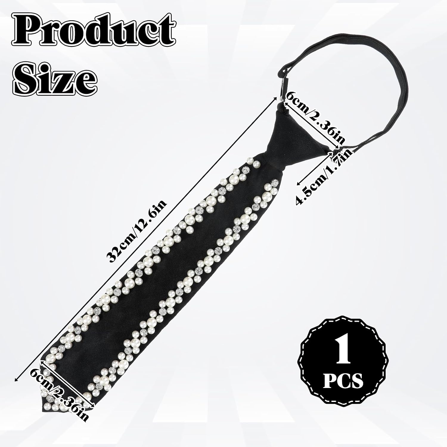 Trinkrittey Pearl Tie Black Pre-tied Tie for Women Adjustable Length Women Ties with Pearls Rhinestones for Men Womens Formal Wear Party Prom Banquet
