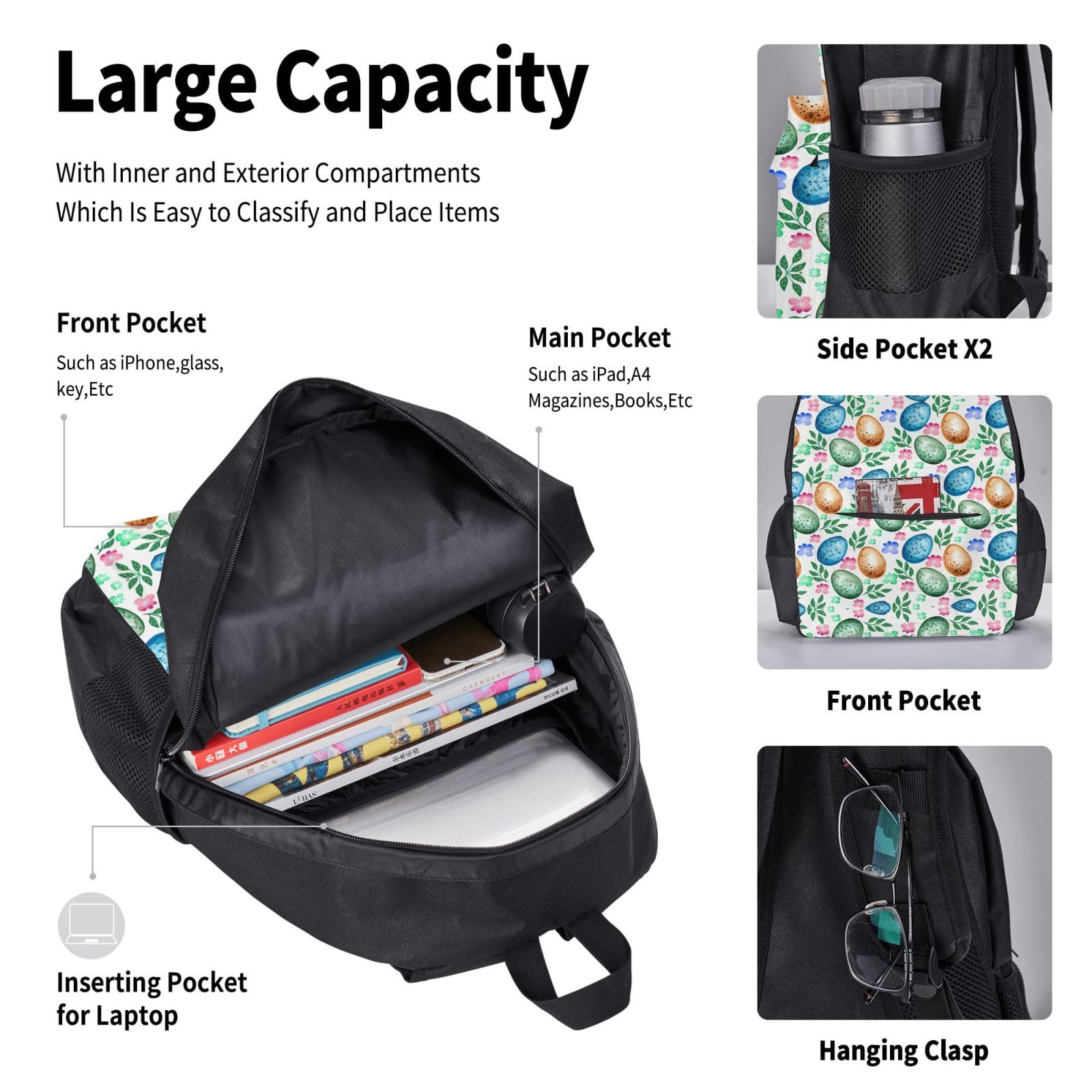 Juego de 3 mochilas escolares con estampado de huevos de Pascua, mochila para laptop resistente al agua de gran capacidad con bolsa de almuerzo aislada y estuche para lápices para adolescentes