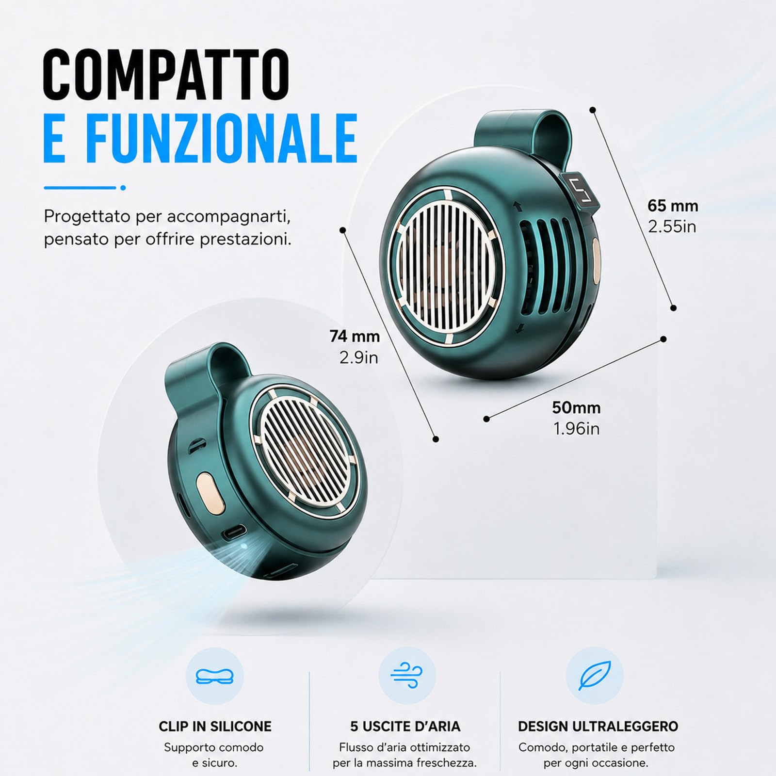Bryzy Air Mini Ventilatore Portatile, Direzione Del Flusso D'aria Regolabile A 360°, Può Essere Agganciato Alla Cintura O Al Collo, Ideale Per Le Attività All'aperto E I Viaggi (Verde)