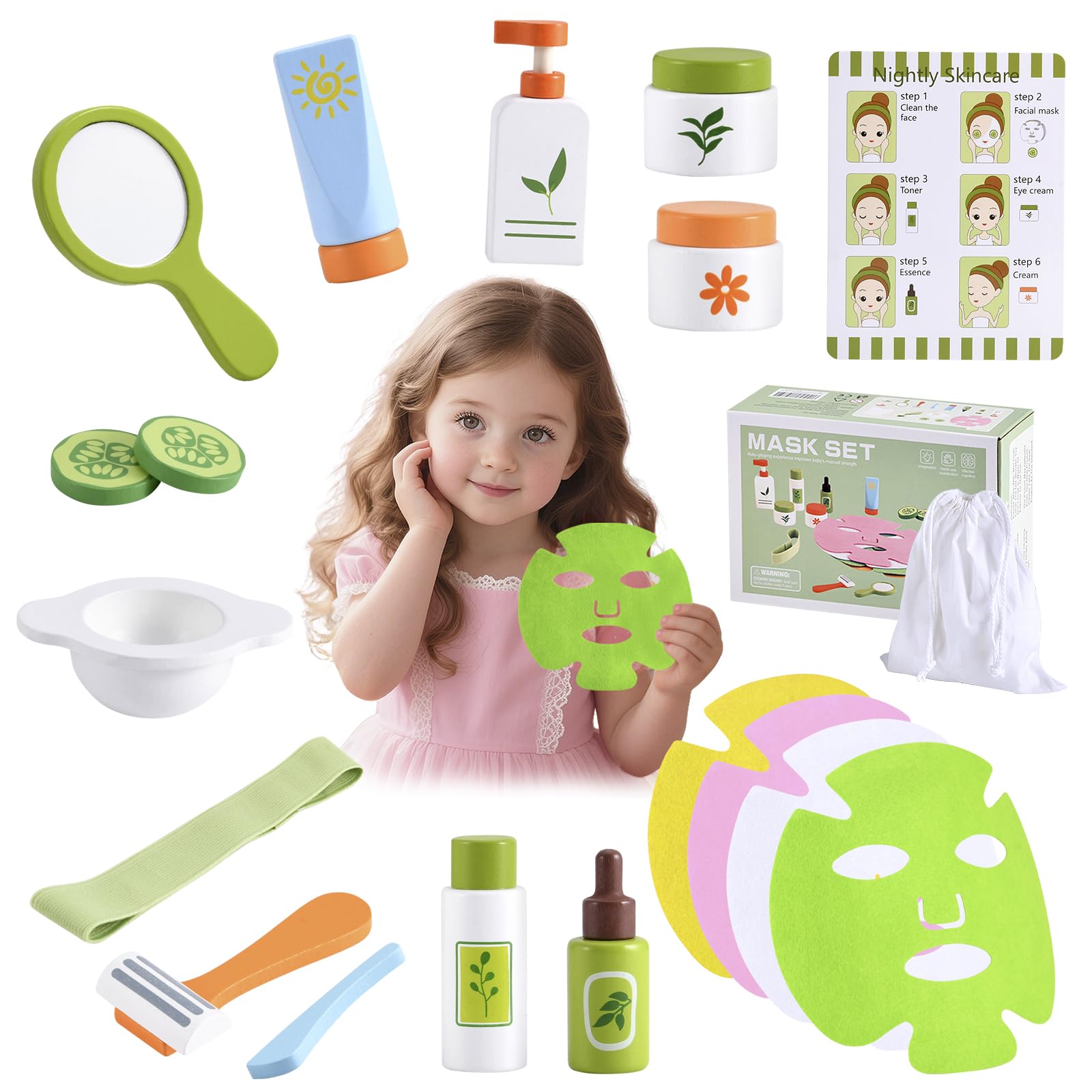 Ehome Wooden Makeup Toy Set for Toddler Wood Learning Toys, Play Spa Set with Face Mask Christmas Birthday Gifts for 3-8 Years Old