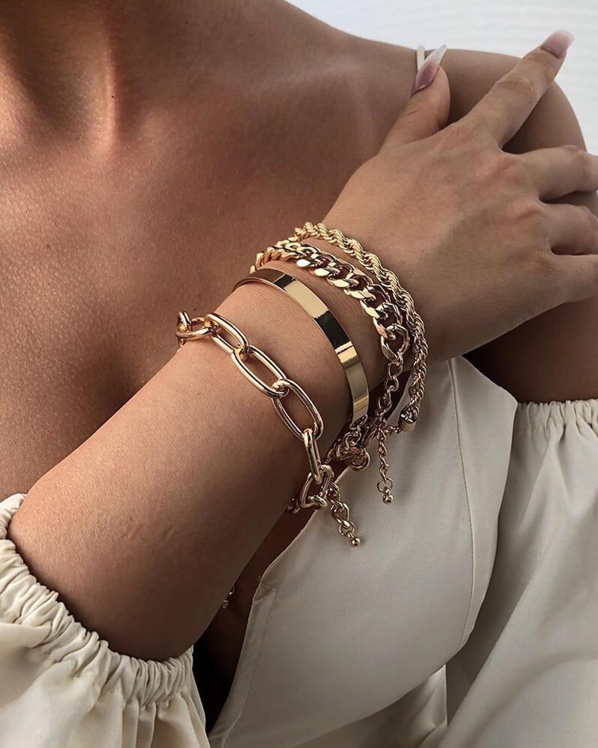 4 PCS Gold Layered Bracelets for Women Chunky Non Tarnish Gold Cuban Link Chain Twist Rope Cuff Statement Bracelets Party Wedding Jewelry Accessories - Image 4