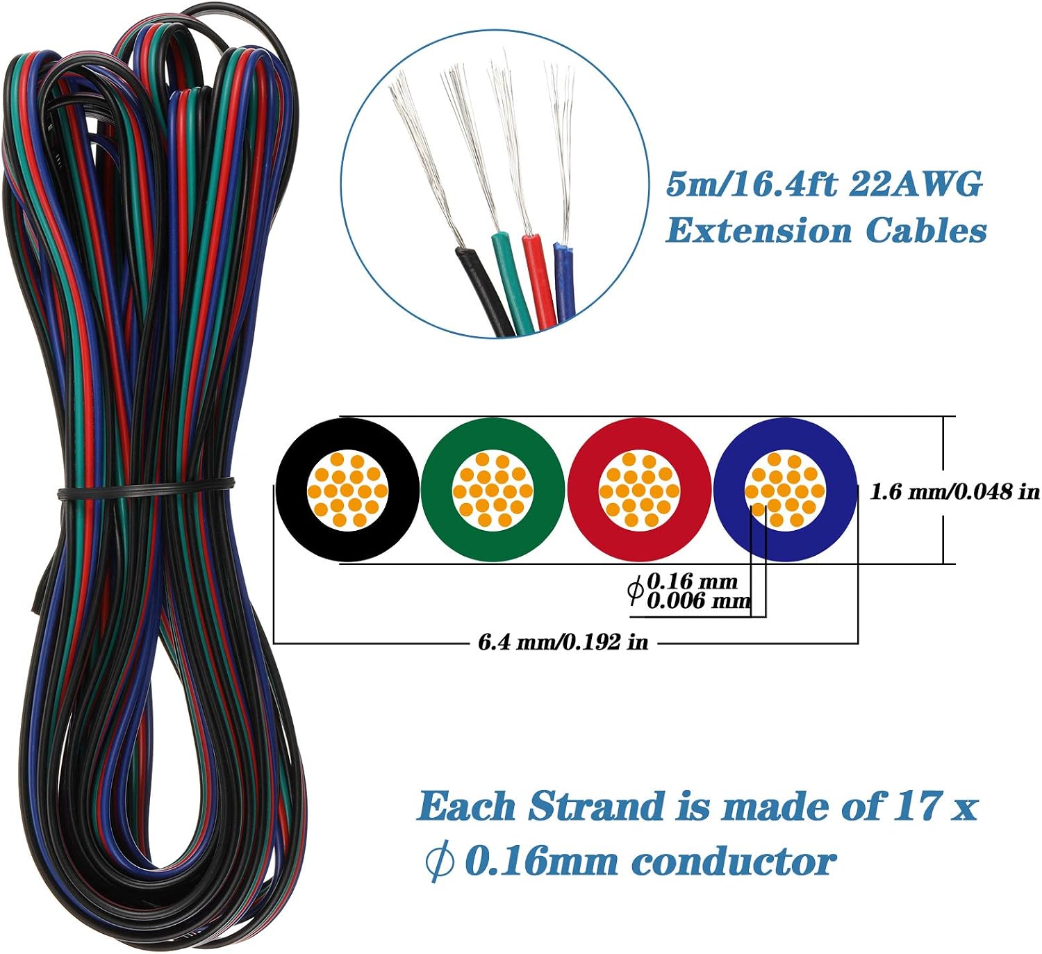 20 Pieces 4 Pin LED Light Strip Connectors Waterproof 10mm RGB 5050 LED Strip Lights Connector Strip to Wire Connector LED Strip Jumper Connector with 2 Pieces 16.4 Feet Extension Cables