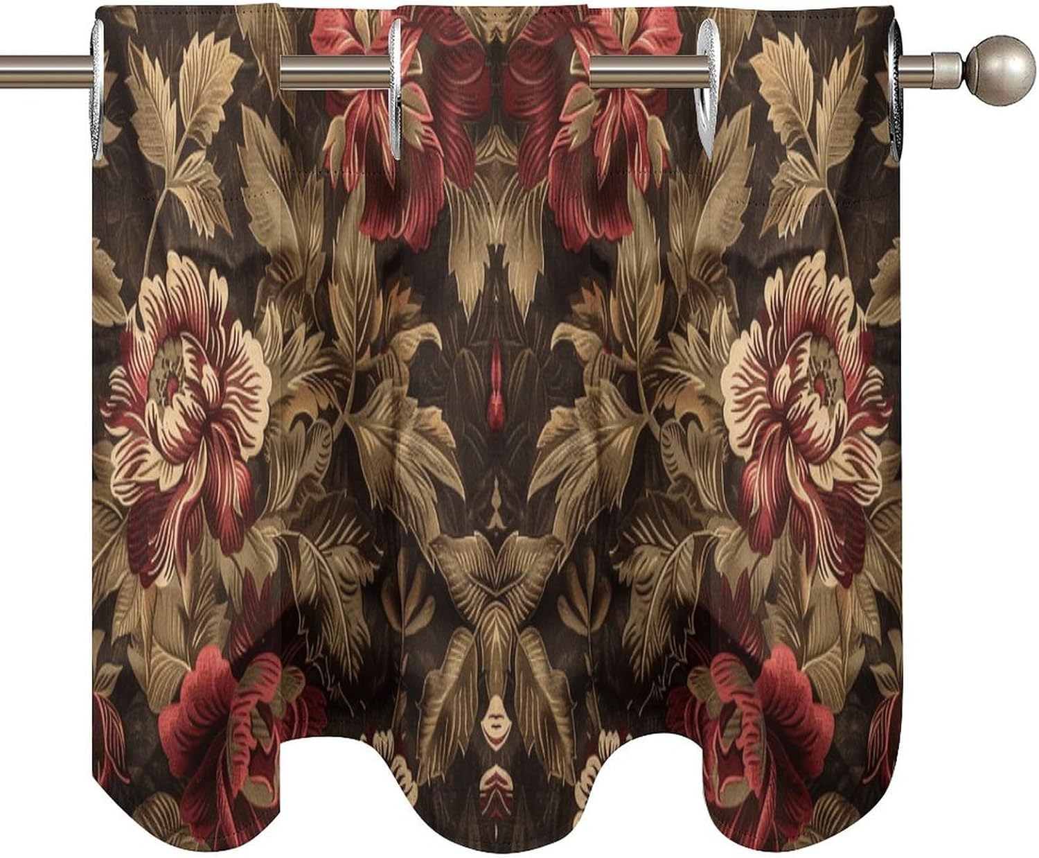 Burgundy and Brown Printed Short Window Curtains, Grommet Small Valance, Decorative Short Curtains Suitable for Window Sills in Bedrooms, Living Rooms, Kitchens, Etc