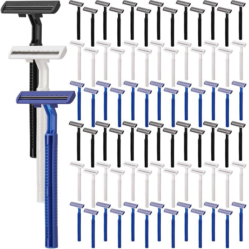 Hanaive Aparelho de Barbear Descartável Masculino com Duas Lâminas de Aço Inoxidável, Preto, Branco e Azul, Pacote com 100