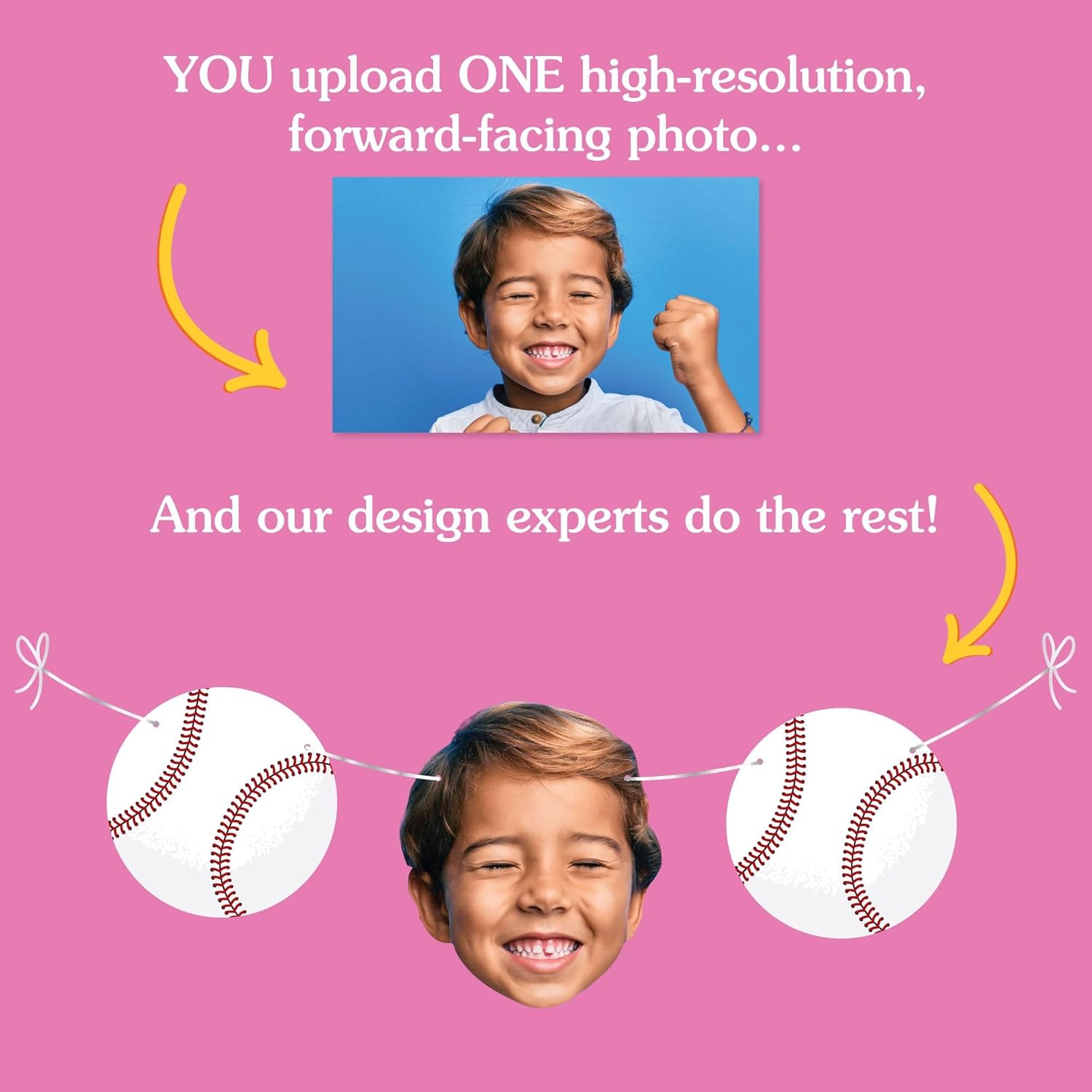 Big Dot of Happiness Custom Baseball Face Cut Out Garland Banner, Personalized Sports Birthday Party Decor, 30 Feet of Cord, 5 Photo Face Cutouts, 5 Baseballs