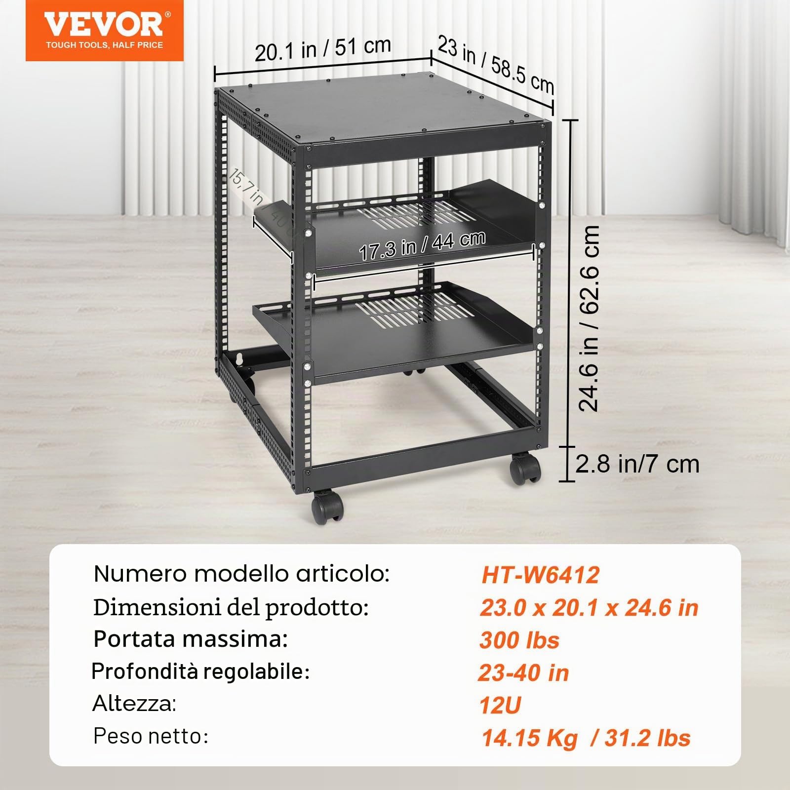 VEVOR Server Rack a Telaio Aperto 12U, Profondità Regolabile da 15''-40'', Server di Rete Rack da Autoportante o con Montaggio a Parete, Rack AV a 4 Posti con Ruote