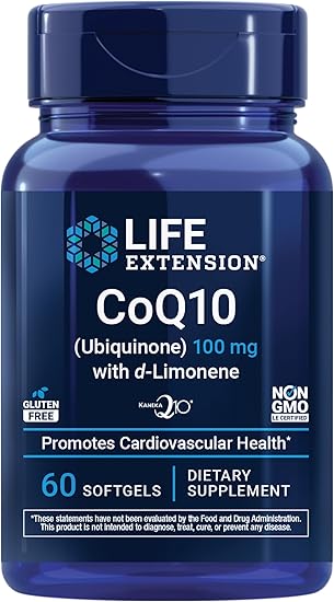 Life Extension CoQ10 (Ubiquinone) with d-Limonene – Heart Health, Fight General Fatigue, Better Absorption – Gluten-Free, Non-GMO – 60 Softgels