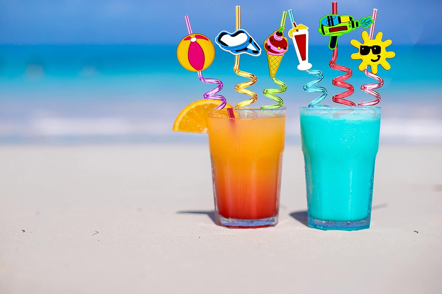 24pcs Beach Party Crazy Straws, Pool Party Favors with 2 Brushes
