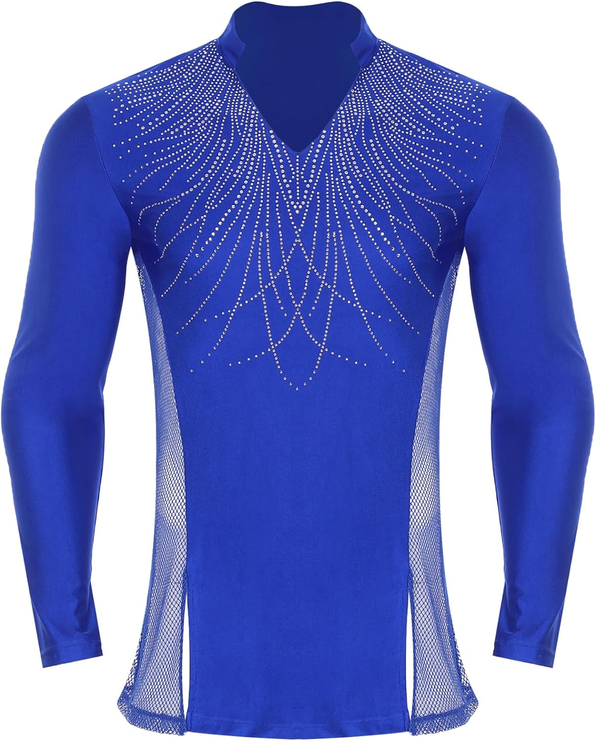 Yhong Latin Ballet Shirt for Men Shiny Rhinestones V Neck Long Sleeve Cha Cha Tango Ballroom Dance Blouse