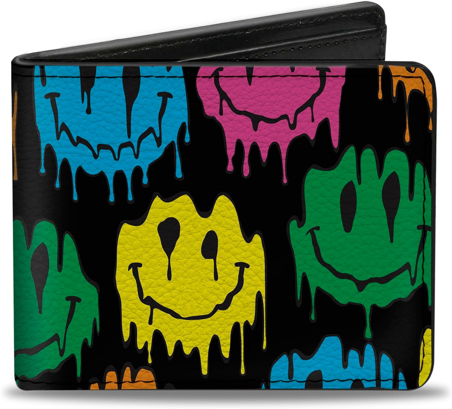 Buckle-Down Wallet, Bifold, Smiley Face Melted Repeat Black Multi Neon, Vegan Leather