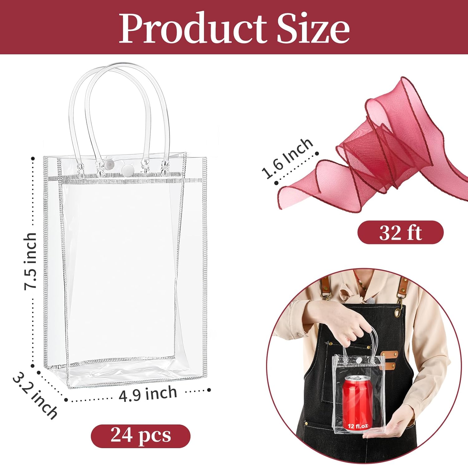 Jutieuo 24 Pack Clear Plastic Gift Bags with Handles, Reusable Transparent Party Favor Bags PVC Goodie Bags Bulk for Wedding, Baby Shower, Birthday (4.9 x 7.5 x 3.2)