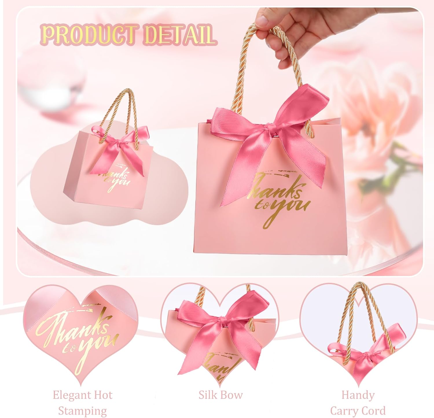 Colarr 60 Pcs Small Thank You Gift Bags Mini Party Favor Candy Bags with Handles and Bow Ribbon for Wedding Birthday Baby Shower Guest Valentines Day Party Supplies(Medium Pink Ribbon) - Image 5