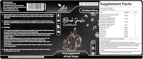 Miniatura 9 de Ved GarliNura, 90 cápsulas blandas, suplemento de ajo negro fermentado e inodoro con flor de lavanda, hoja de romero, hoja de té verde, ALA,