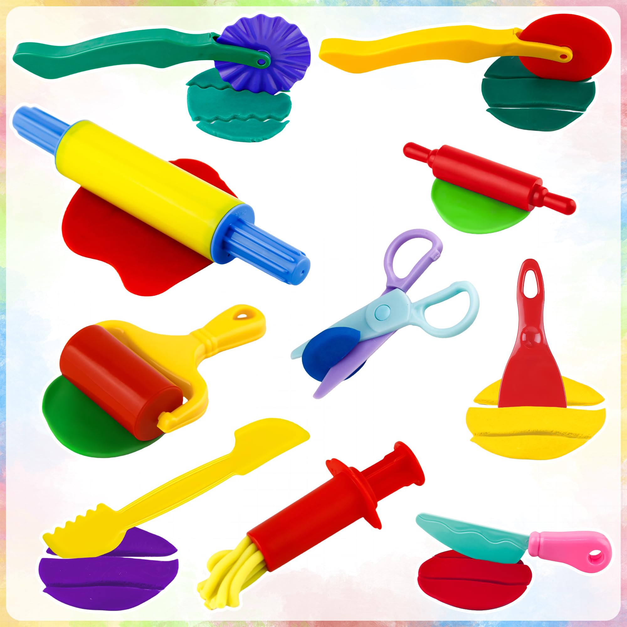 Oun Nana Playdough Tool Set for Kids, 10 PCS Basic Playdough Starter Set, Playdough Accessories with Pizza Cutter, Safety Scissors, Rolling Pin, Roller, Dough Extruder, Plastic Playdough Toys - Image 3
