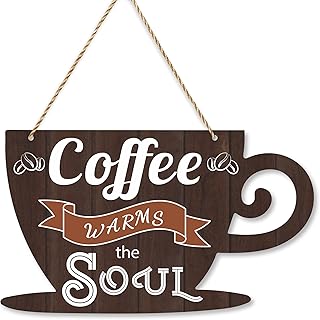 Coffee Hanging Decor Sign, Coffee Warms the Soul Wall Decor, 12x 7 Inch Decorations, Bar, Kitchen, Hot Drink Shop, Cafe Decorative Wall Sign