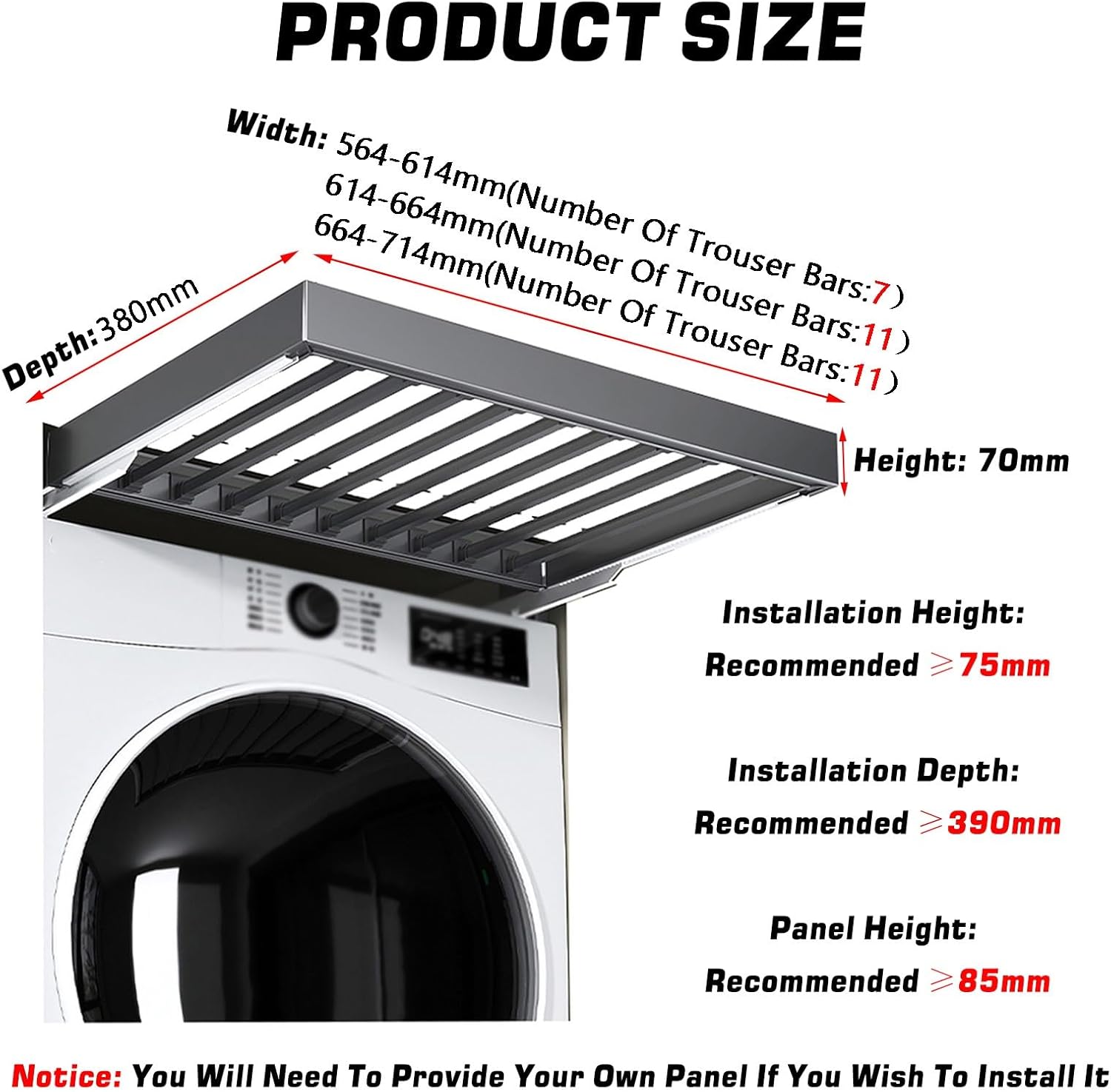 洗濯機上乾燥ラック、引き出し式ズボンラック、幅調節可能な隠しハンガー、省スペース(Width 564-614mm)