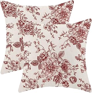 AEIOAE Chinoiserie Floral Pillow Covers 18 x 18 Inch Set of 2, Vintage Burgundy Red Flower Decorative Throw Pillow Covers Outdoor Linen Farmhouse Decor Pillowcase for Home Sofa