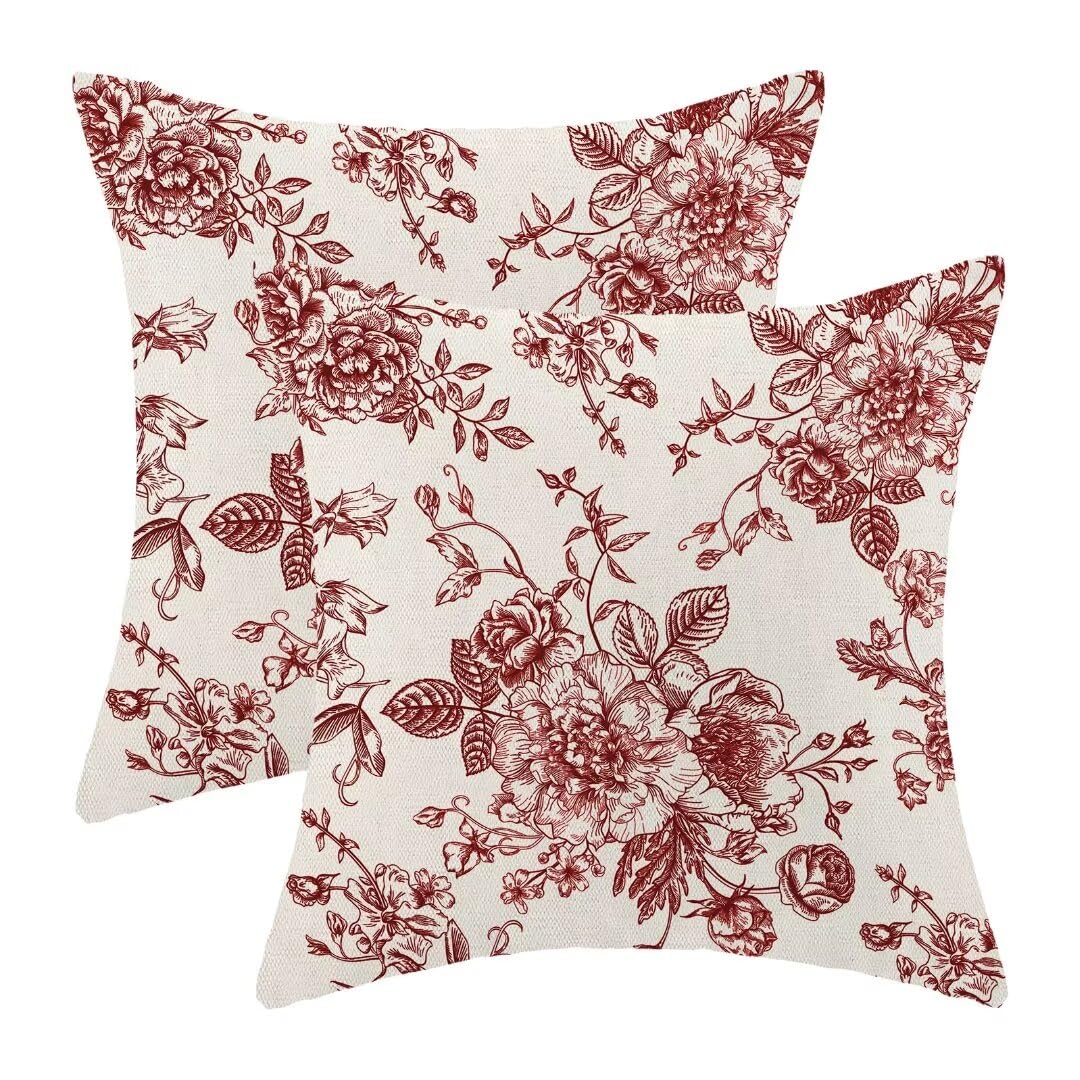AEIOAE Chinoiserie Floral Pillow Covers 18 x 18 Inch Set of 2, Vintage Burgundy Red Flower Decorative Throw Pillow Covers Outdoor Linen Farmhouse