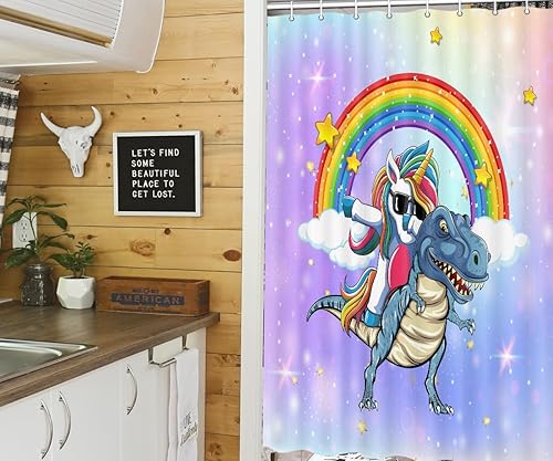 Miniatura 3 de Cortina de ducha de dinosaurio con diseño de unicornio para viajes, remolque, baño, divertido juego de cortinas de ducha de tela estrecha y corta