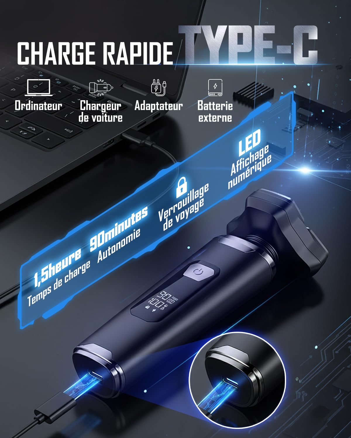Rasoir Électrique Homme 4D Magnétique à 3 Têtes Flottante,Tondeuse Barbe Étanche IPX6 Humide/Sec avec Écran LCD, 90 Min d'Autonomie, USB-C à Charge Rapide, Rasoir Portable pour Voyage et Maison