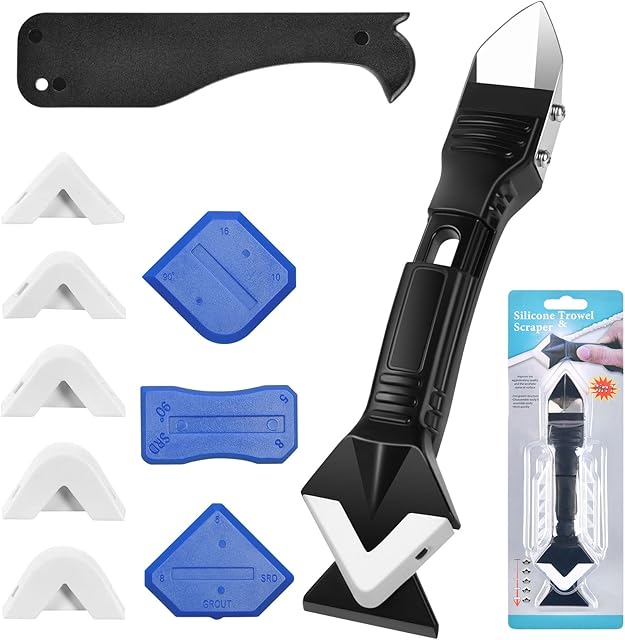 Flintronic 3 in 1 Silicone Caulking Tool Kit,11PCS Grout Scraper Set, Silicone Sealant Finishing Smoothing Removal Tool with 6 Silicone Pads, Glue Angle Scraper for Home Kitchen Bathroom Floor Corner