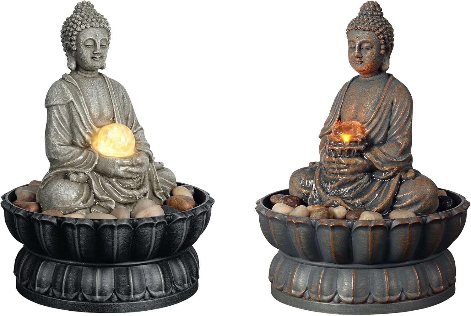 Kalona Home Décor Tabletop Fountain Exquisite Smile Sitting Buddha Fountains Desk Water Fountain Decorative Zen Fountain w/LED/Glass Rolling Ball/Cobblestone Office and Home Decor
