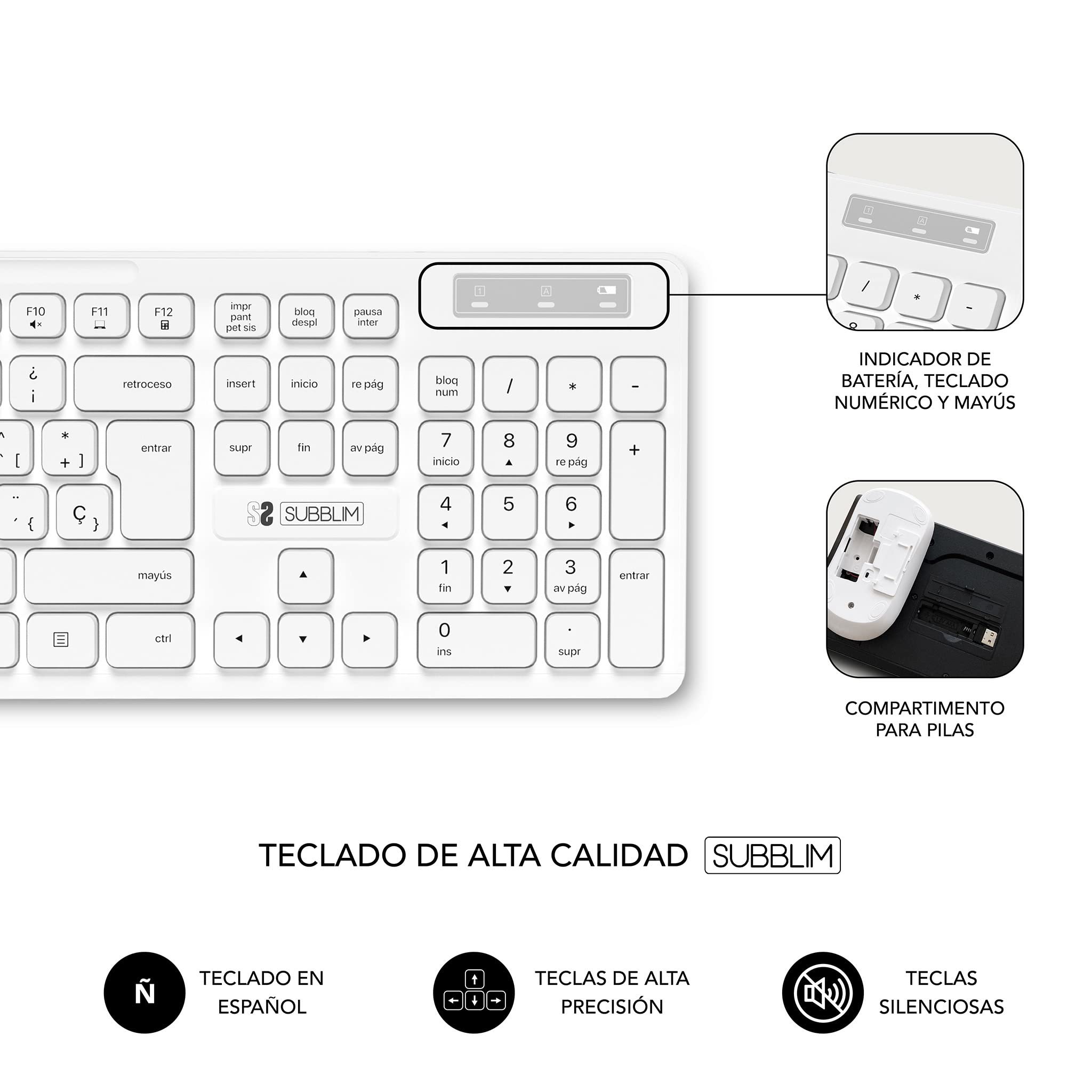 SUBBLIM Combo Teclado y Ratón Business Slim Silencioso Inalámbrico 2.4G Blanco Teclas Planas Resistente A Salpicaduras Merge Technology Diseño Delgado Y Completo Ratón Inalámbrico Ergonómico